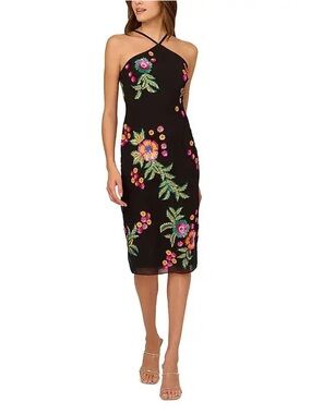 NWT Liv Foster Black Embroidered Floral Halter Cross Neck Midi Dress Sz 2 Flaw